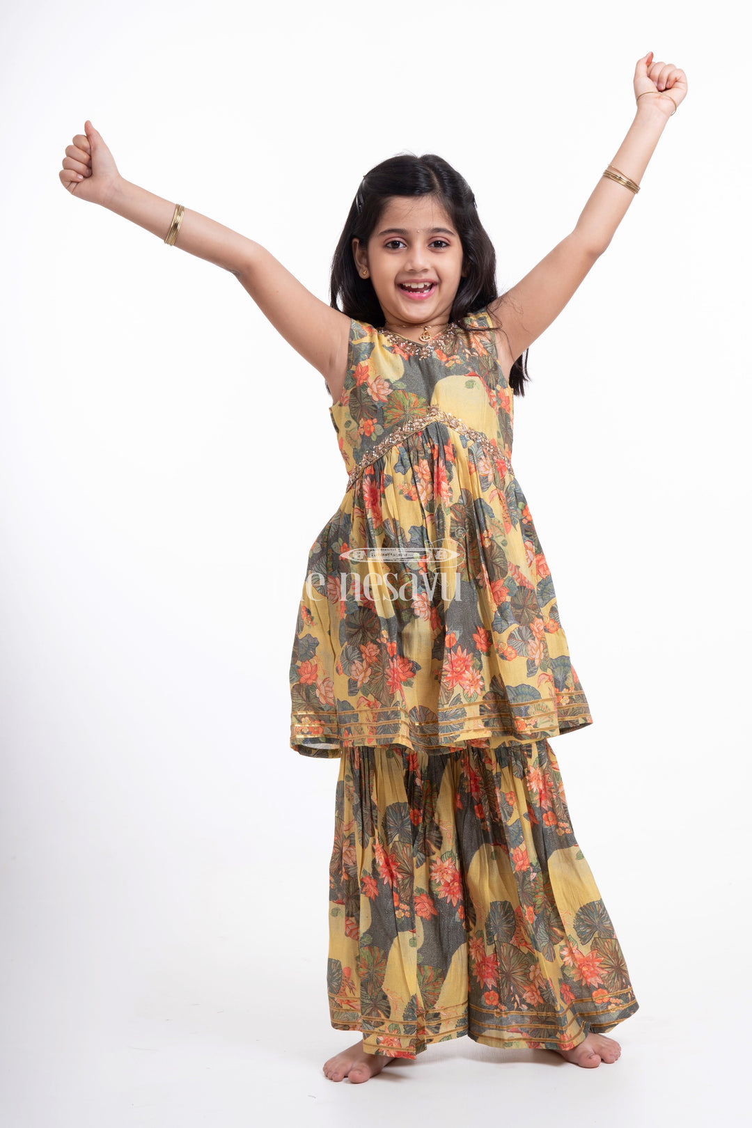 The Nesavu Girls Sharara / Plazo Set Nesavu Modal Silk Printed Sharara Plazo Dress Design for Girls Dussehra Special Hand Embroidered Nesavu Nesavu Modal Silk Sharara Plazo Dress Design for Girls | Dussehra Special