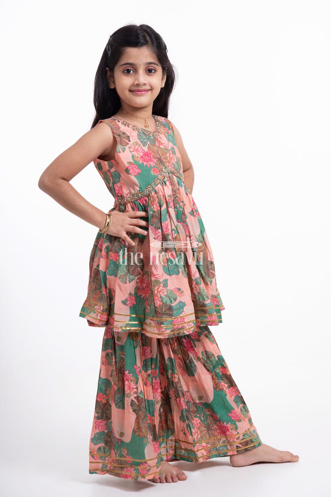 The Nesavu Girls Sharara / Plazo Set Nesavu Modal Silk Printed Sharara Plazo Dress for Girls Diwali Party Wear Hand Embroidered Nesavu Modal Silk Sharara Plazo Dress for Girls Diwali Party Wear | The Nesavu