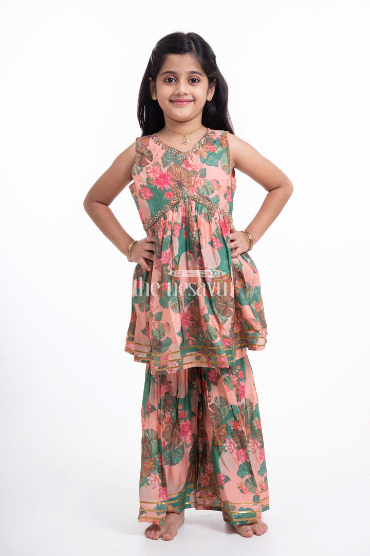 The Nesavu Girls Sharara / Plazo Set Nesavu Modal Silk Printed Sharara Plazo Dress for Girls Diwali Party Wear Hand Embroidered Nesavu Modal Silk Sharara Plazo Dress for Girls Diwali Party Wear | The Nesavu