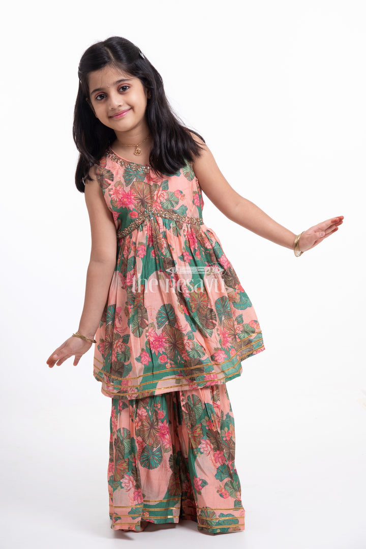 The Nesavu Girls Sharara / Plazo Set Nesavu Modal Silk Printed Sharara Plazo Dress for Girls Diwali Party Wear Hand Embroidered Nesavu Modal Silk Sharara Plazo Dress for Girls Diwali Party Wear | The Nesavu