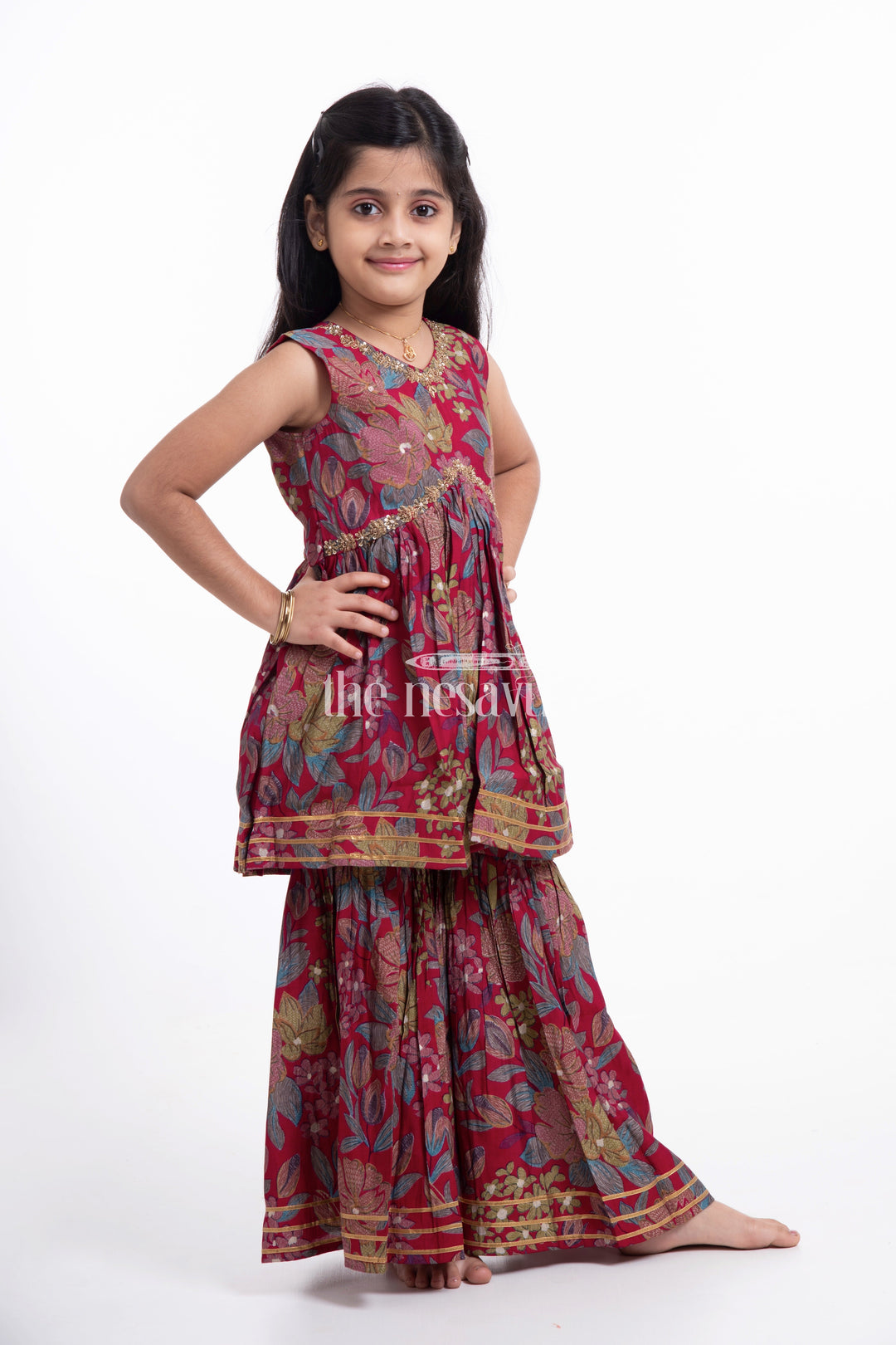The Nesavu Girls Sharara / Plazo Set Nesavu Modal Silk Printed Sharara Plazo Dress for Girls Dussehra Special Hand Embroidered Outfit Nesavu Modal Silk Sharara Plazo Dress for Girls Dussehra Special | The Nesavu