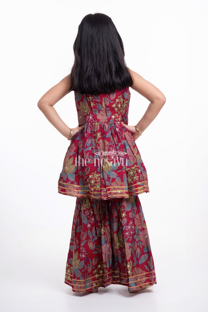 The Nesavu Girls Sharara / Plazo Set Nesavu Modal Silk Printed Sharara Plazo Dress for Girls Dussehra Special Hand Embroidered Outfit Nesavu Nesavu Modal Silk Sharara Plazo Dress for Girls | Dussehra Special