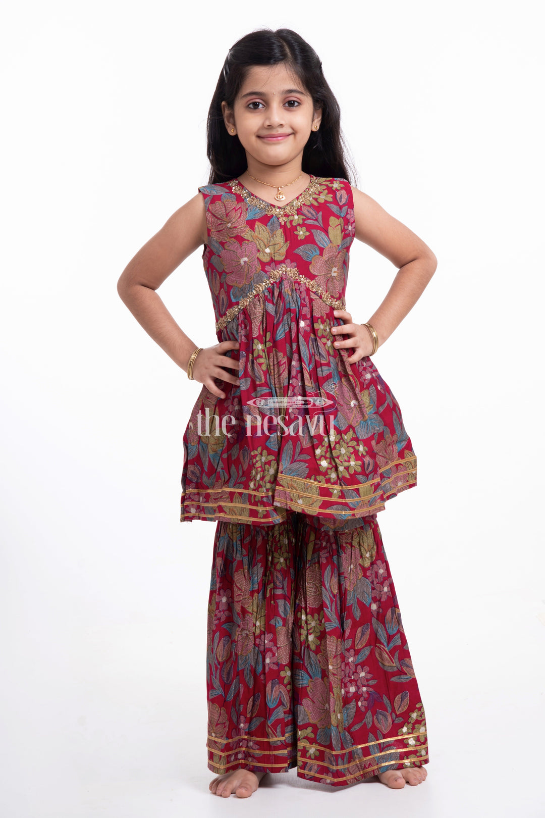 The Nesavu Girls Sharara / Plazo Set Nesavu Modal Silk Printed Sharara Plazo Dress for Girls Dussehra Special Hand Embroidered Outfit Nesavu Nesavu Modal Silk Sharara Plazo Dress for Girls | Dussehra Special