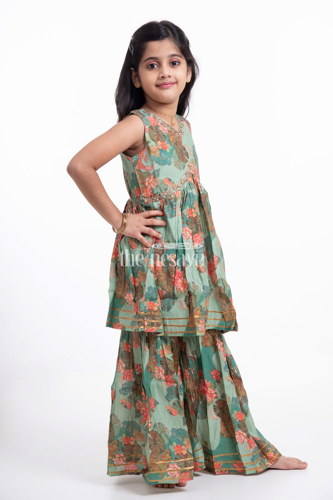 The Nesavu Girls Sharara / Plazo Set Nesavu Modal Silk Printed Sharara Plazo Dress for Girls Ganesh Chaturthi Festive Wear Nesavu Modal Silk Sharara Plazo Dress for Girls Ganesh Chaturthi Festive Wear | The Nesavu