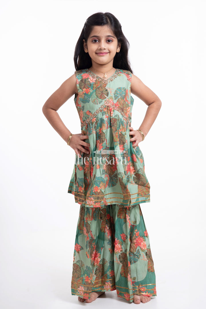 The Nesavu Girls Sharara / Plazo Set Nesavu Modal Silk Printed Sharara Plazo Dress for Girls Ganesh Chaturthi Festive Wear Nesavu Modal Silk Sharara Plazo Dress for Girls Ganesh Chaturthi Festive Wear | The Nesavu