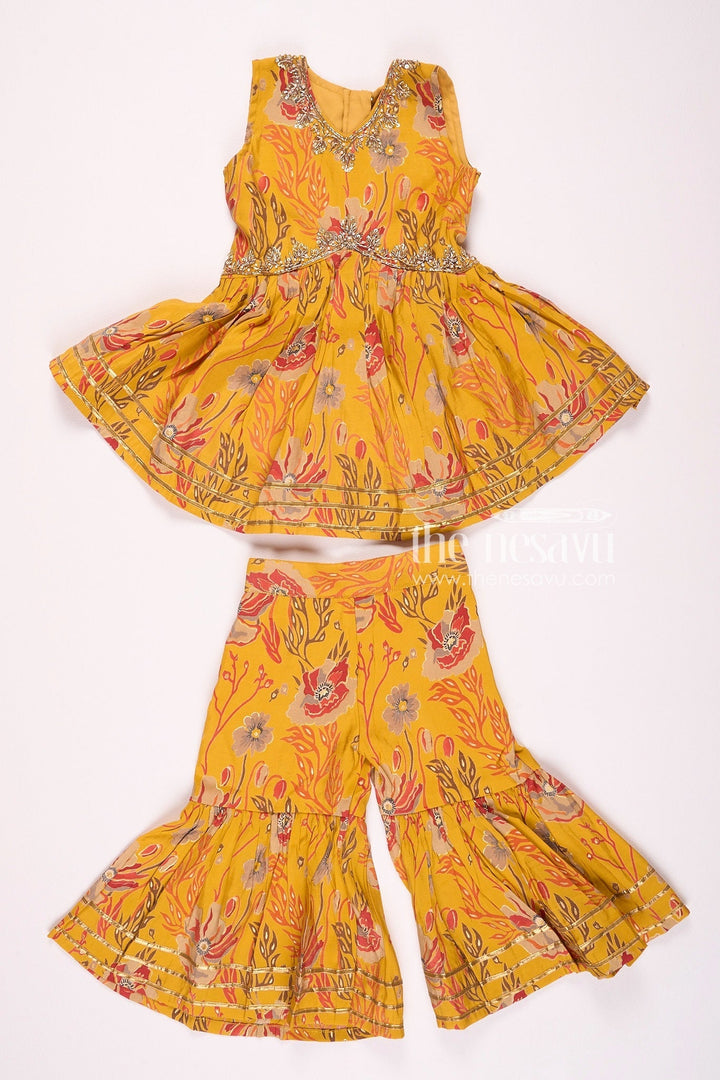 The Nesavu Girls Sharara / Plazo Set Nesavu Modal Silk Printed Sharara Plazo Dress for Girls Ganesh Chaturthi Special Nesavu 16 (1Y) / Yellow GPS311B-16 Nesavu Modal Silk Sharara Plazo Dress for Girls | Ganesh Chaturthi Special