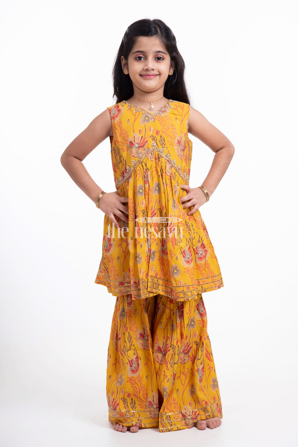 The Nesavu Girls Sharara / Plazo Set Nesavu Modal Silk Printed Sharara Plazo Dress for Girls Ganesh Chaturthi Special Nesavu Nesavu Modal Silk Sharara Plazo Dress for Girls | Ganesh Chaturthi Special