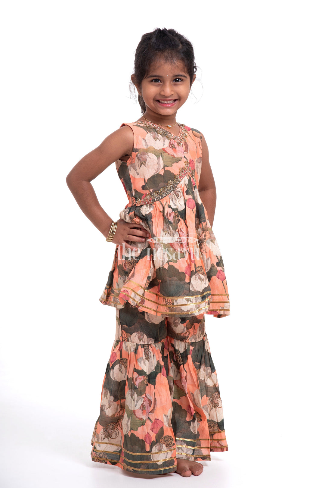 The Nesavu Girls Sharara / Plazo Set Nesavu Modal Silk Printed Sharara Plazo Dress with Top for Girls Diwali Special Hand Embroidered Outfit Nesavu Modal Silk Sharara Plazo Dress for Girls Diwali Special | The Nesavu