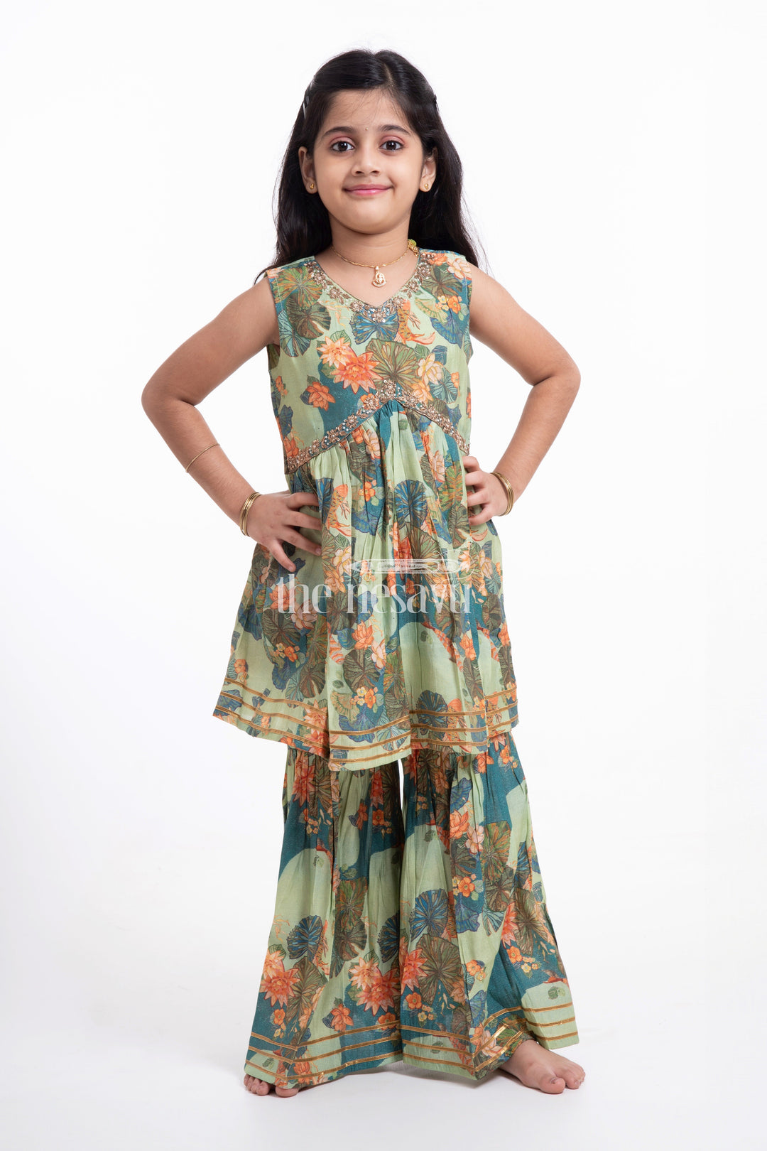 The Nesavu Girls Sharara / Plazo Set Nesavu Modal Silk Printed Sharara Plazo Party Wear Dress for Girls Navratri Special Nesavu Modal Silk Sharara Plazo Party Wear Dress for Girls Navratri Special | The Nesavu