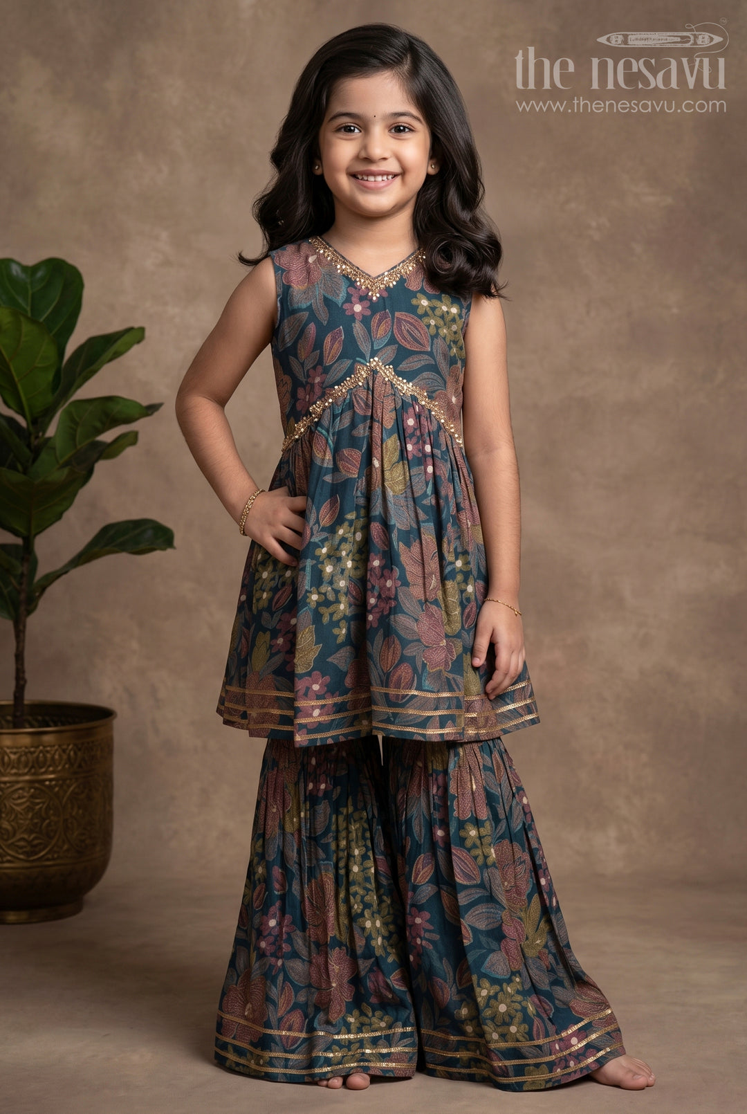The Nesavu Girls Sharara / Plazo Set Nesavu Modal Silk Printed Sharara Plazo Top Dress for Girls Navratri Festive Wear Nesavu 16 (1Y) / Blue GPS310A-16 Modal Silk Sharara Plazo Top Dress for Girls Navratri Festive Wear | The Nesavu