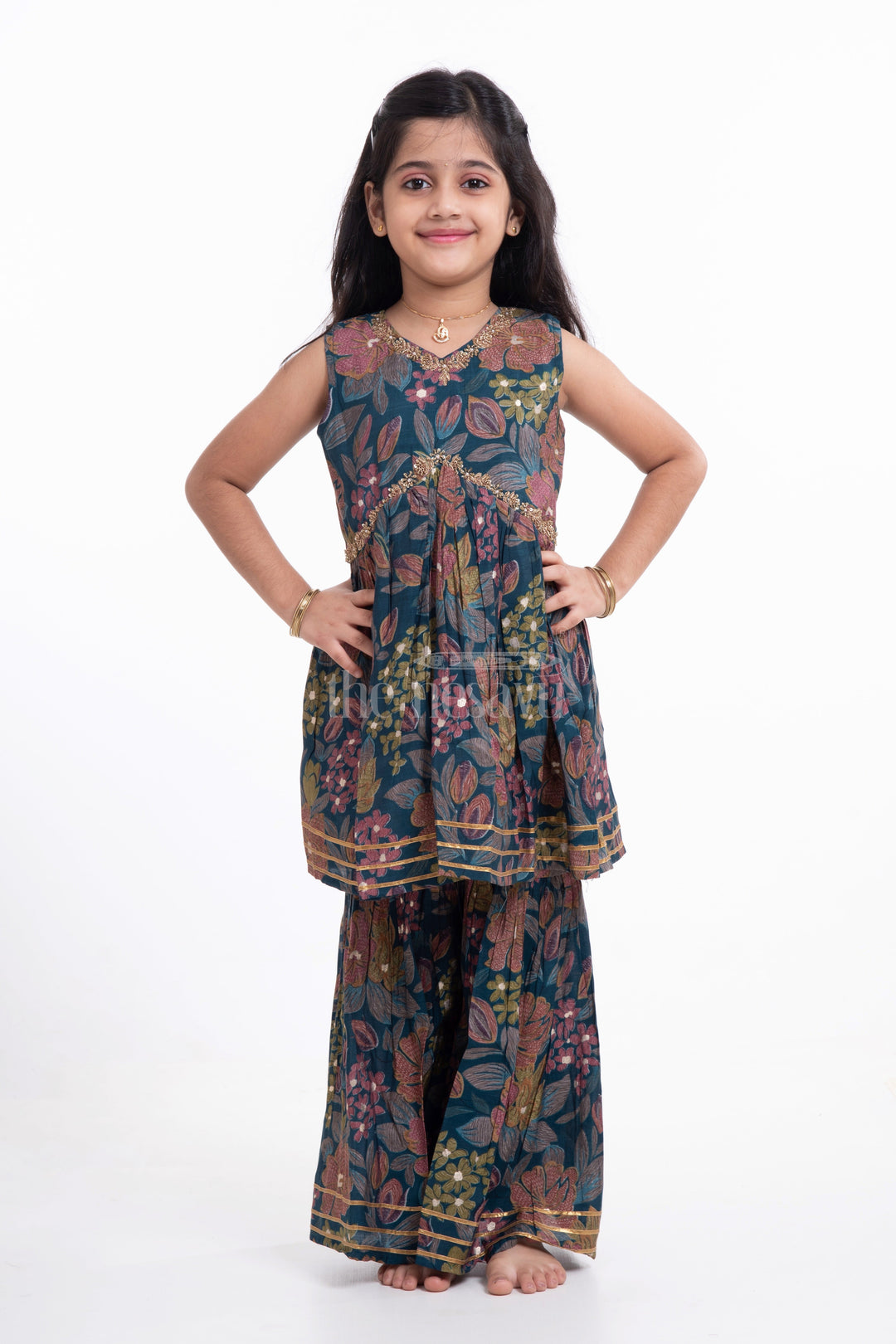 The Nesavu Girls Sharara / Plazo Set Nesavu Modal Silk Printed Sharara Plazo Top Dress for Girls Navratri Festive Wear Nesavu Modal Silk Sharara Plazo Top Dress for Girls Navratri Festive Wear | The Nesavu