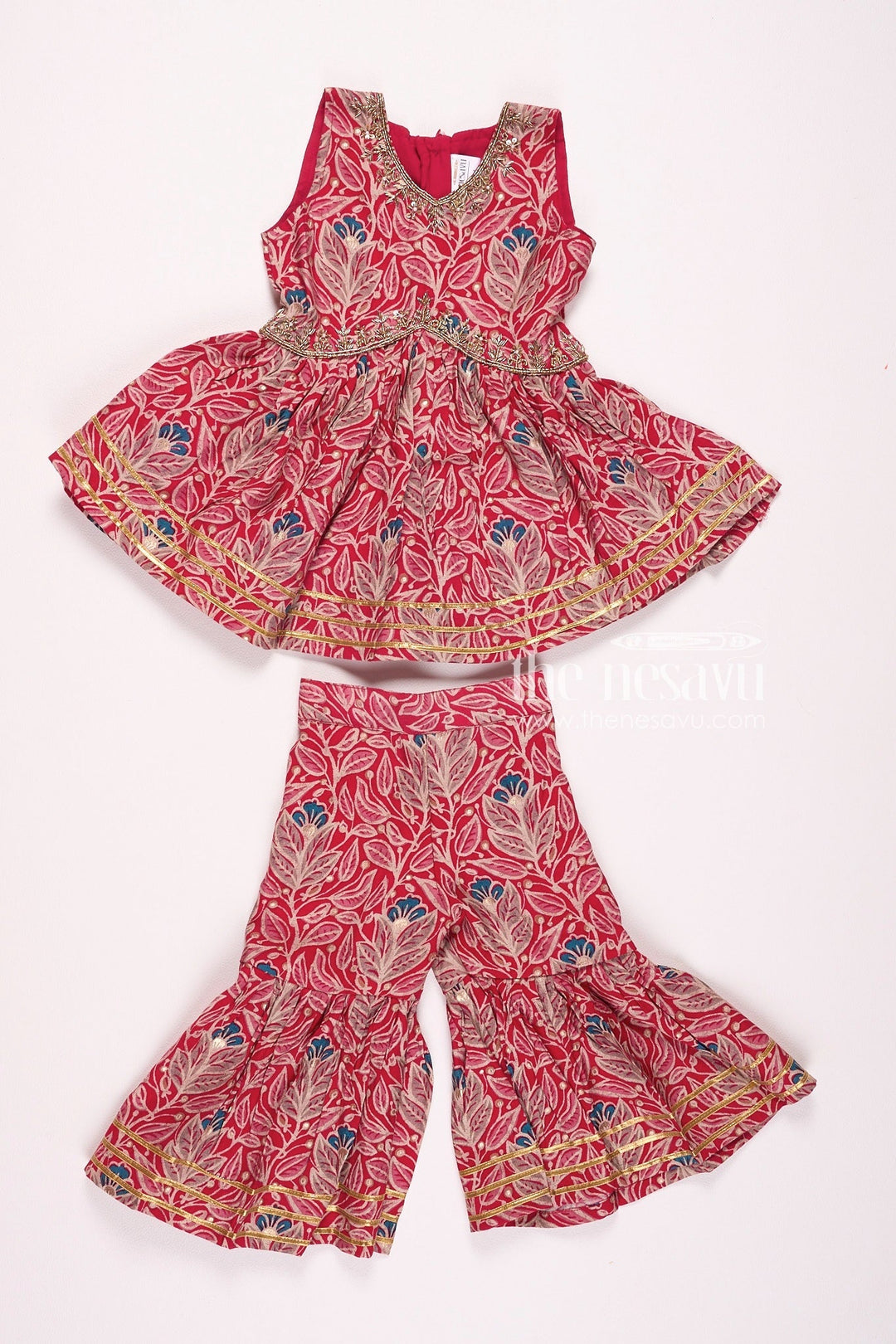 The Nesavu Girls Sharara / Plazo Set Nesavu Modal Silk Printed Sharara Set for Girls Diwali Special Hand Embroidered Dress Nesavu 16 (1Y) / Magenta GPS306A-16 Nesavu Modal Silk Sharara Set for Girls | Diwali Special Hand Embroidered Dress