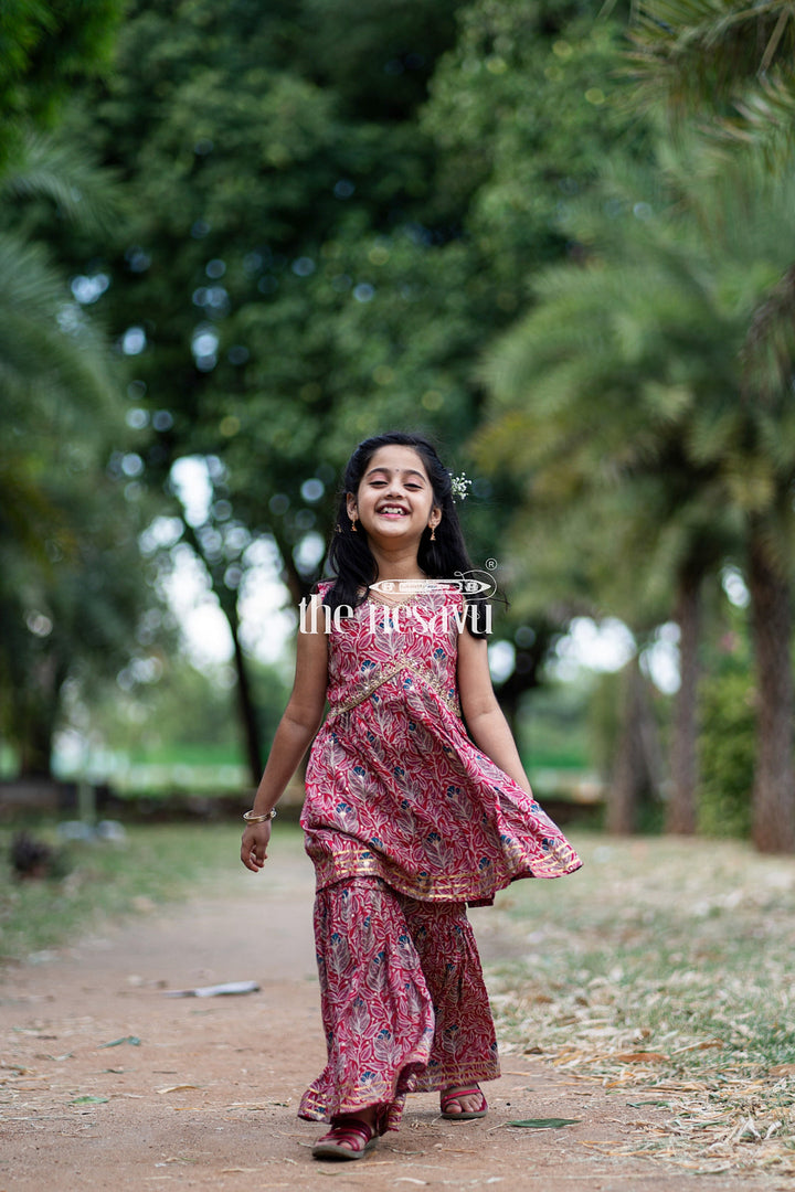 The Nesavu Girls Sharara / Plazo Set Nesavu Modal Silk Printed Sharara Set for Girls Diwali Special Hand Embroidered Dress Nesavu Modal Silk Sharara Set for Girls Diwali Special Hand Embroidered Dress | The Nesavu