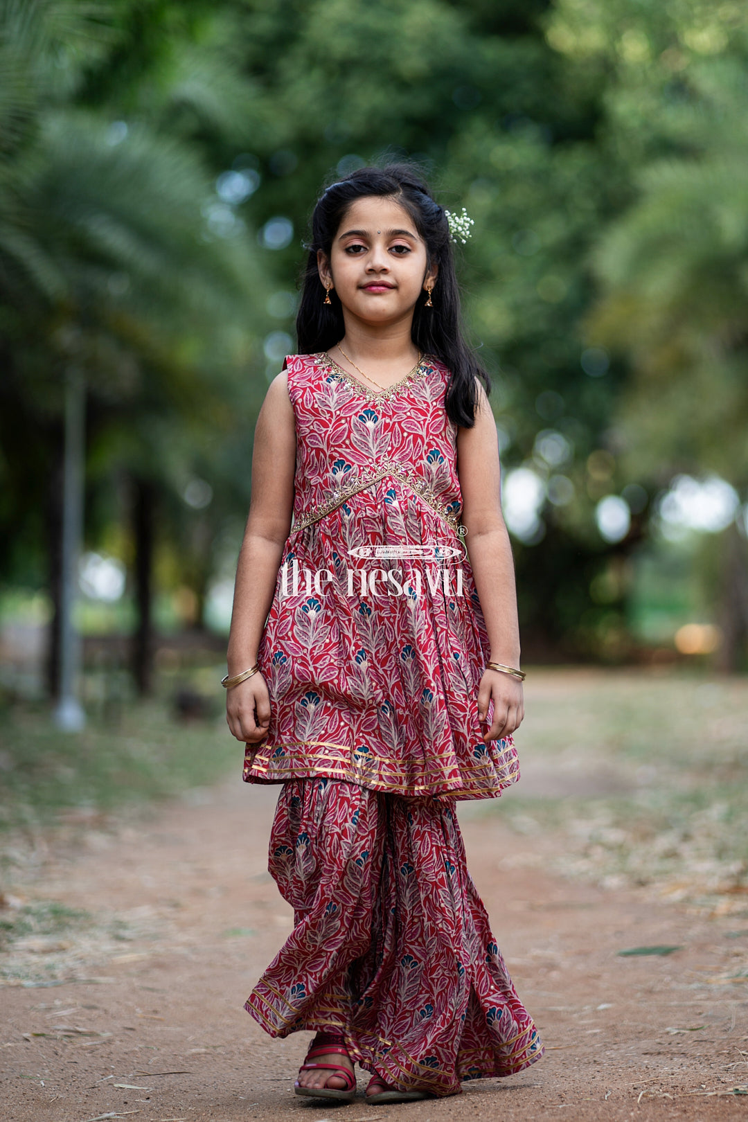 The Nesavu Girls Sharara / Plazo Set Nesavu Modal Silk Printed Sharara Set for Girls Diwali Special Hand Embroidered Dress Nesavu Modal Silk Sharara Set for Girls Diwali Special Hand Embroidered Dress | The Nesavu
