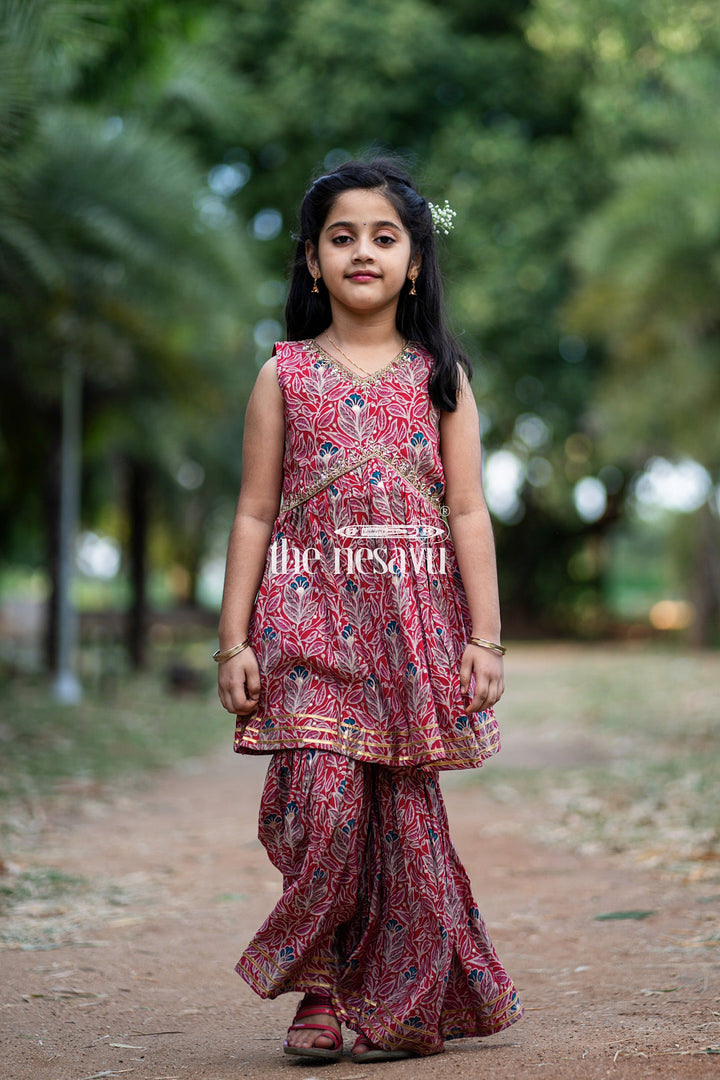 The Nesavu Girls Sharara / Plazo Set Nesavu Modal Silk Printed Sharara Set for Girls Diwali Special Hand Embroidered Dress Nesavu Modal Silk Sharara Set for Girls Diwali Special Hand Embroidered Dress | The Nesavu