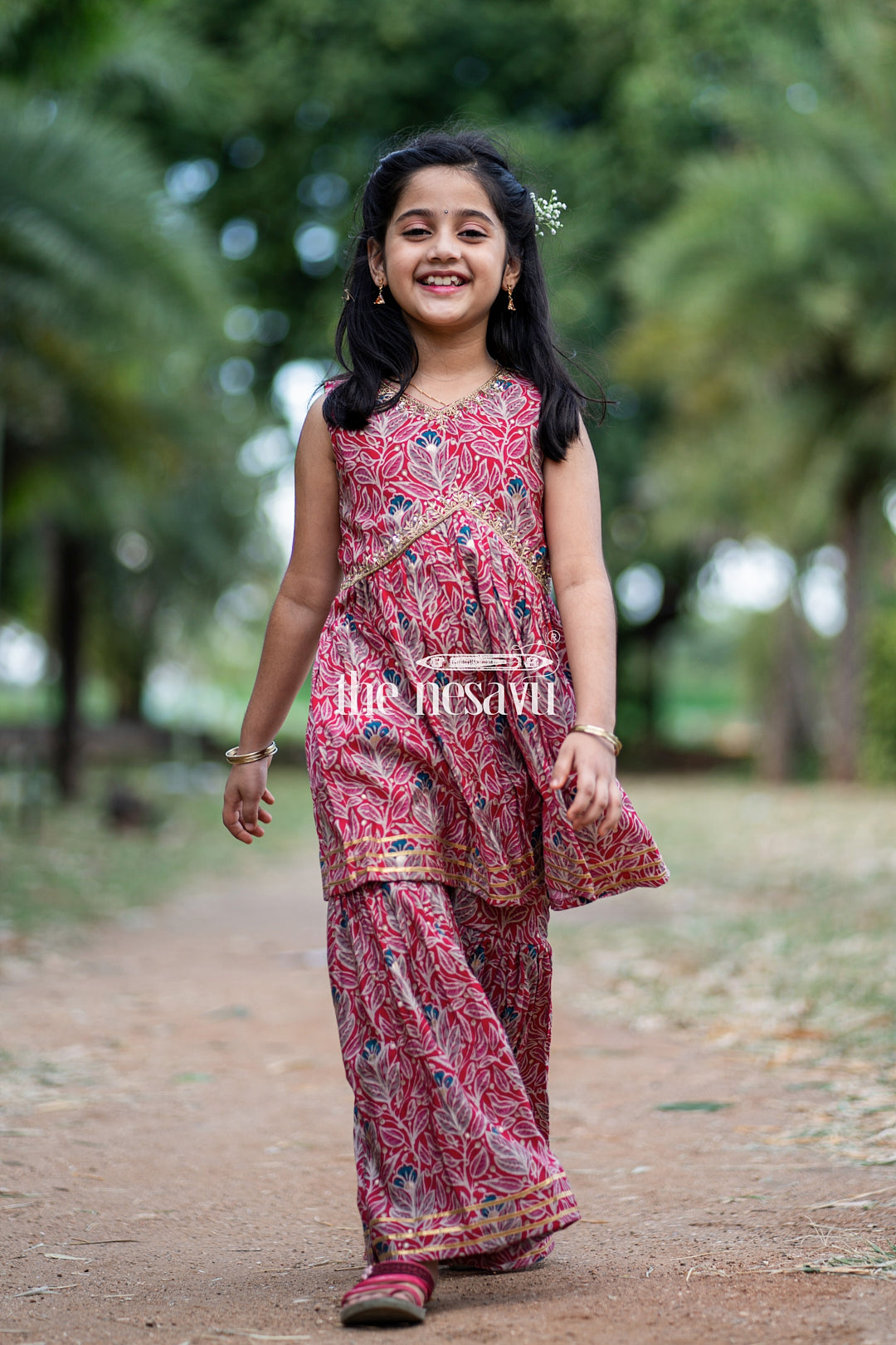 The Nesavu Girls Sharara / Plazo Set Nesavu Modal Silk Printed Sharara Set for Girls Diwali Special Hand Embroidered Dress Nesavu Modal Silk Sharara Set for Girls Diwali Special Hand Embroidered Dress | The Nesavu