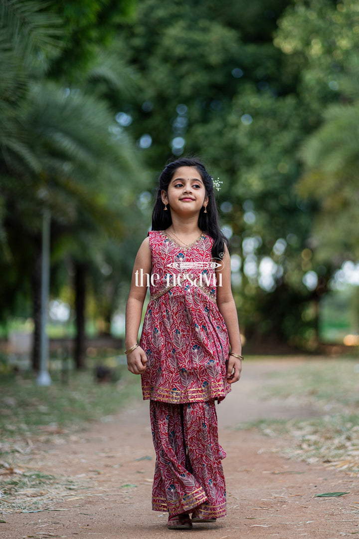 The Nesavu Girls Sharara / Plazo Set Nesavu Modal Silk Printed Sharara Set for Girls Diwali Special Hand Embroidered Dress Nesavu Nesavu Modal Silk Sharara Set for Girls | Diwali Special Hand Embroidered Dress