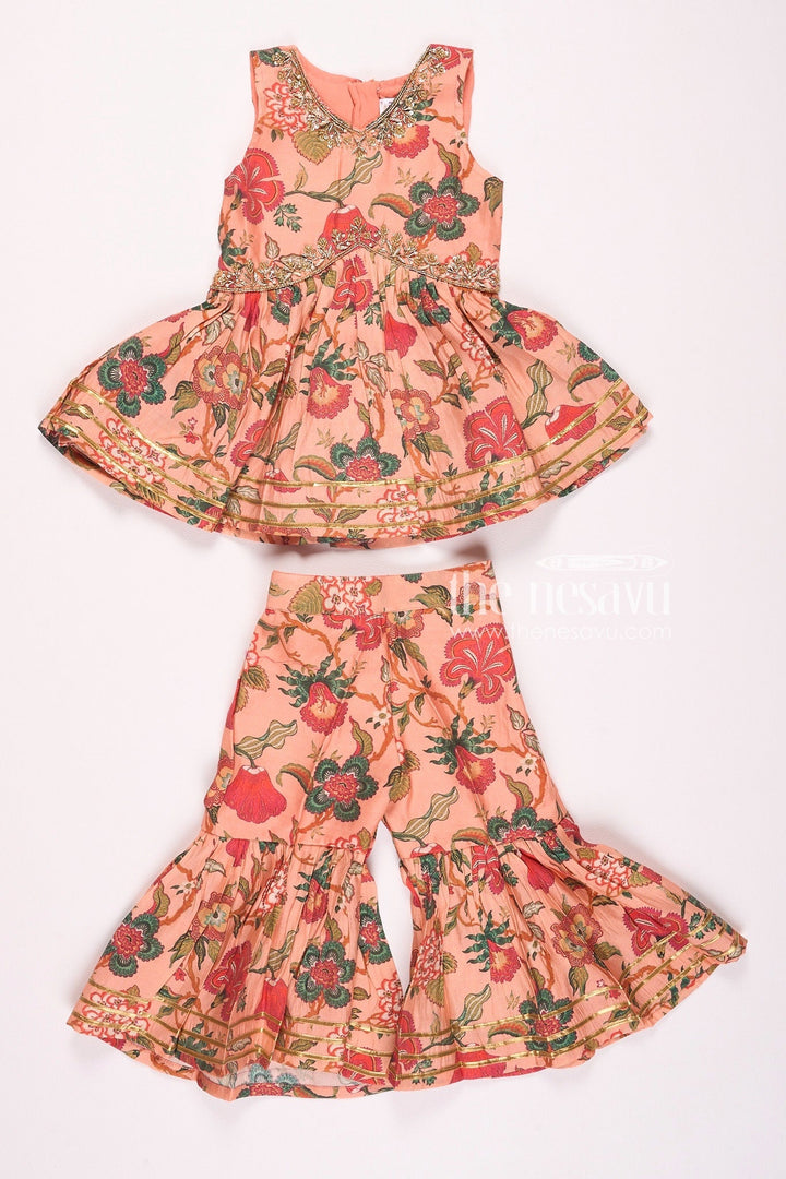 The Nesavu Girls Sharara / Plazo Set Nesavu Modal Silk Printed Sharara Top Dress for Girls Diwali Special Hand Embroidered Outfit Nesavu 16 (1Y) / Peach GPS307C-16 Nesavu Modal Silk Printed Sharara Top Dress for Girls | Diwali Special