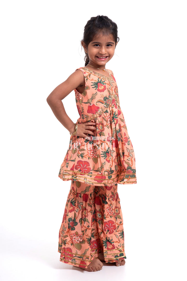 The Nesavu Girls Sharara / Plazo Set Nesavu Modal Silk Printed Sharara Top Dress for Girls Diwali Special Hand Embroidered Outfit Nesavu Modal Silk Printed Sharara Top Dress for Girls Diwali Special | The Nesavu