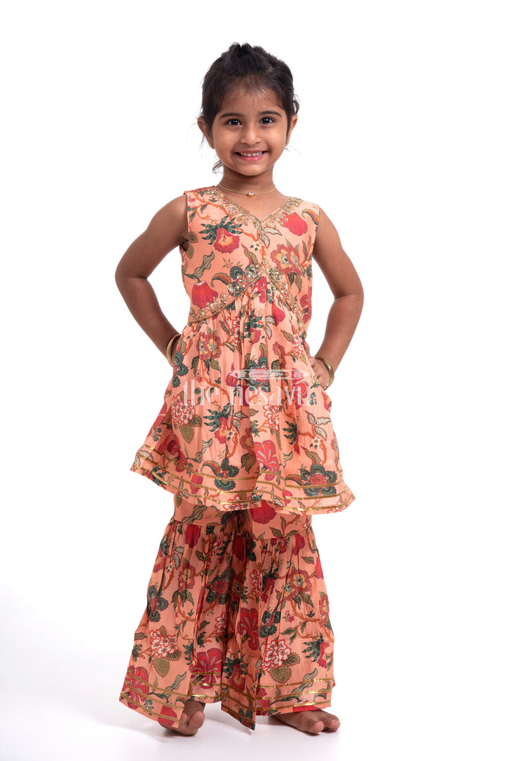 The Nesavu Girls Sharara / Plazo Set Nesavu Modal Silk Printed Sharara Top Dress for Girls Diwali Special Hand Embroidered Outfit Nesavu Nesavu Modal Silk Printed Sharara Top Dress for Girls | Diwali Special