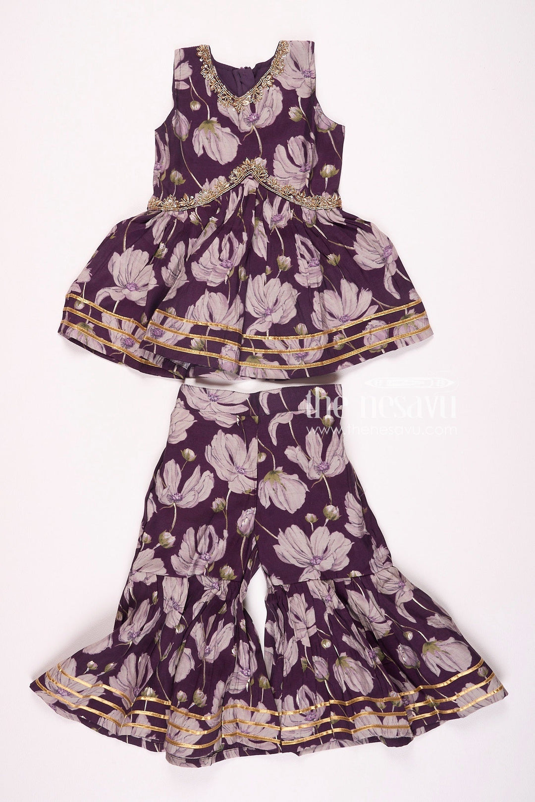 The Nesavu Girls Sharara / Plazo Set Nesavu Modal Silk Printed Sleeveless Sharara Set for Girls Navratri Festive Wear Nesavu 16 (1Y) / Purple GPS308A-16 Nesavu Modal Silk Sleeveless Sharara Set for Girls | Navratri Festive Wear
