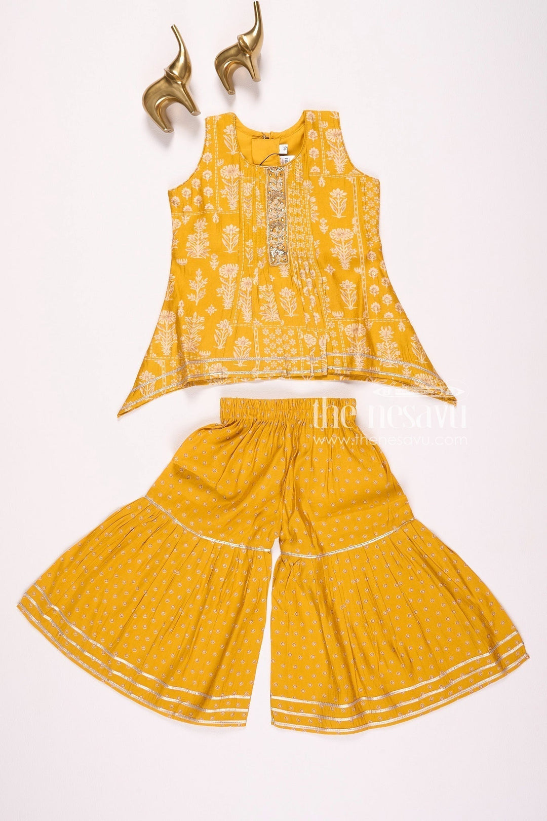 The Nesavu Girls Sharara / Plazo Set Nesavu Modal Silk Vibrant Girls Kurti & Sharara with Dupatta Diwali Special Hand Embroidered Set Nesavu Modal Silk Kurti & Sharara Set for Girls Diwali Special | The Nesavu