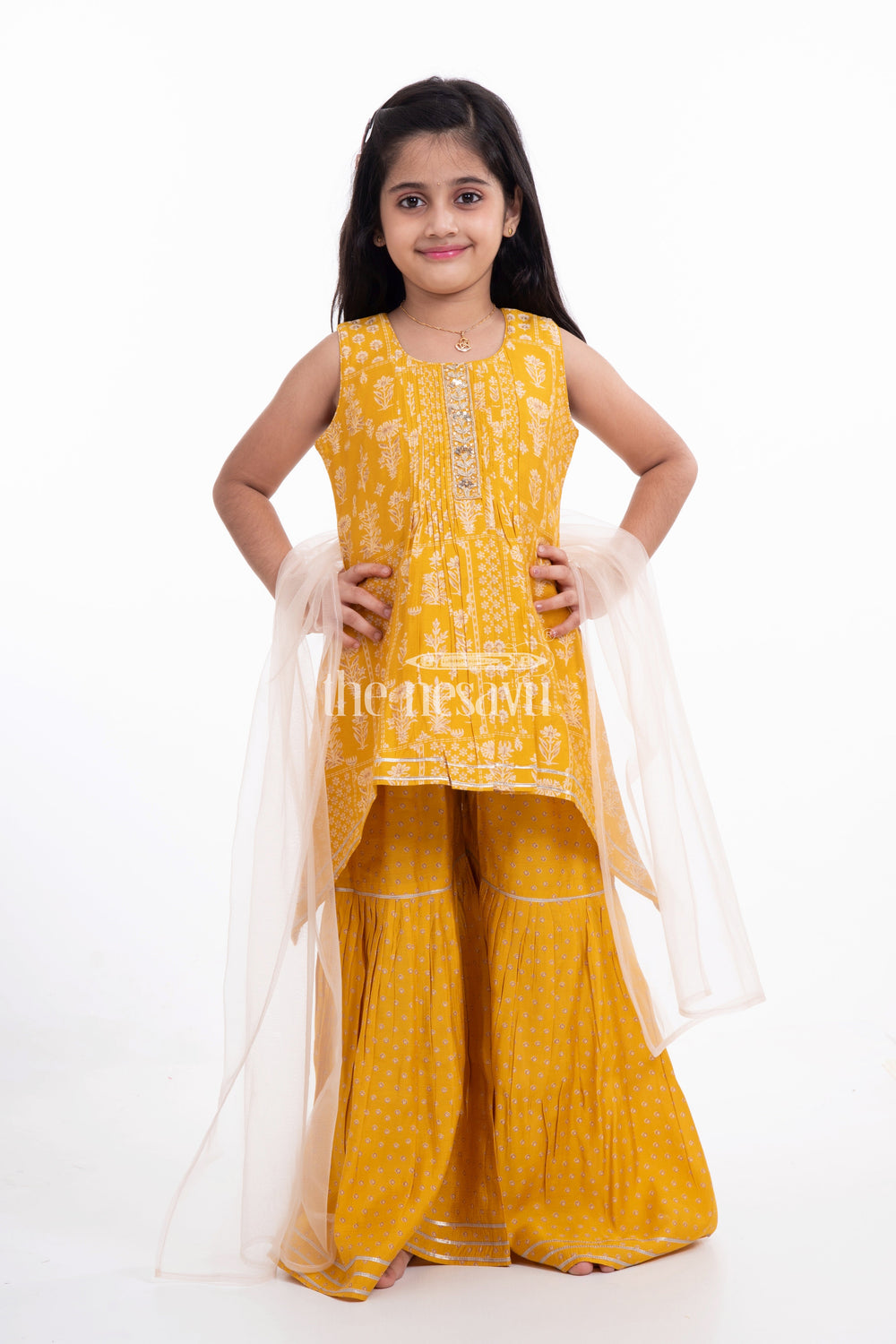 The Nesavu Girls Sharara / Plazo Set Nesavu Modal Silk Vibrant Girls Kurti & Sharara with Dupatta Diwali Special Hand Embroidered Set Nesavu Nesavu Modal Silk Kurti & Sharara Set for Girls | Diwali Special