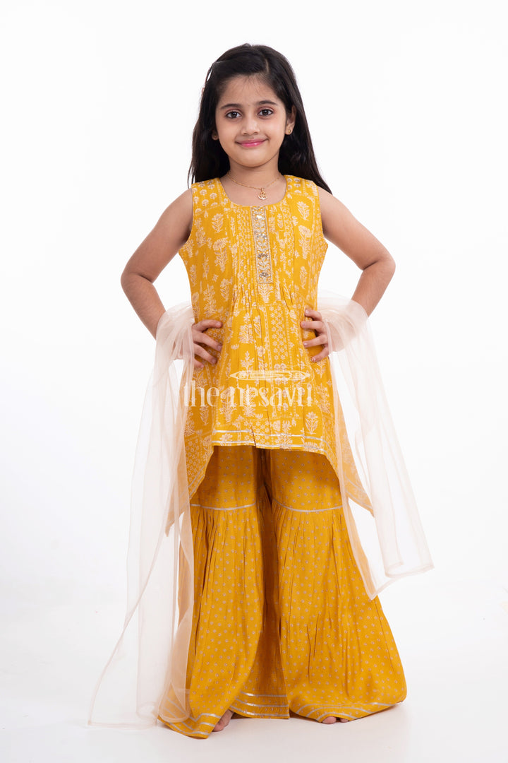 The Nesavu Girls Sharara / Plazo Set Nesavu Modal Silk Vibrant Girls Kurti & Sharara with Dupatta Diwali Special Hand Embroidered Set Nesavu Nesavu Modal Silk Kurti & Sharara Set for Girls | Diwali Special