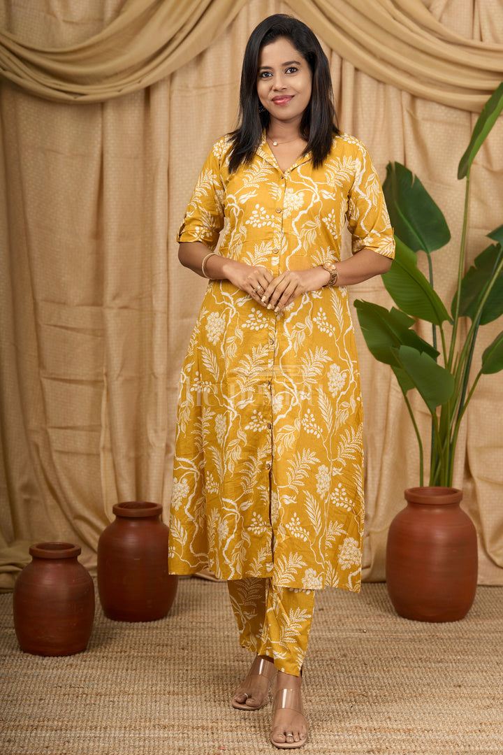 The Nesavu Womens Flared Kurthas Nesavu Mustard Yellow Cotton Flared Kurtha with White Botanical Print for Casual and Festive Wear Nesavu 38 (M) / Yellow WTW020B-38 Nesavu Mustard Yellow Cotton Flared Kurtha White Botanical Print Casual Festive Wear