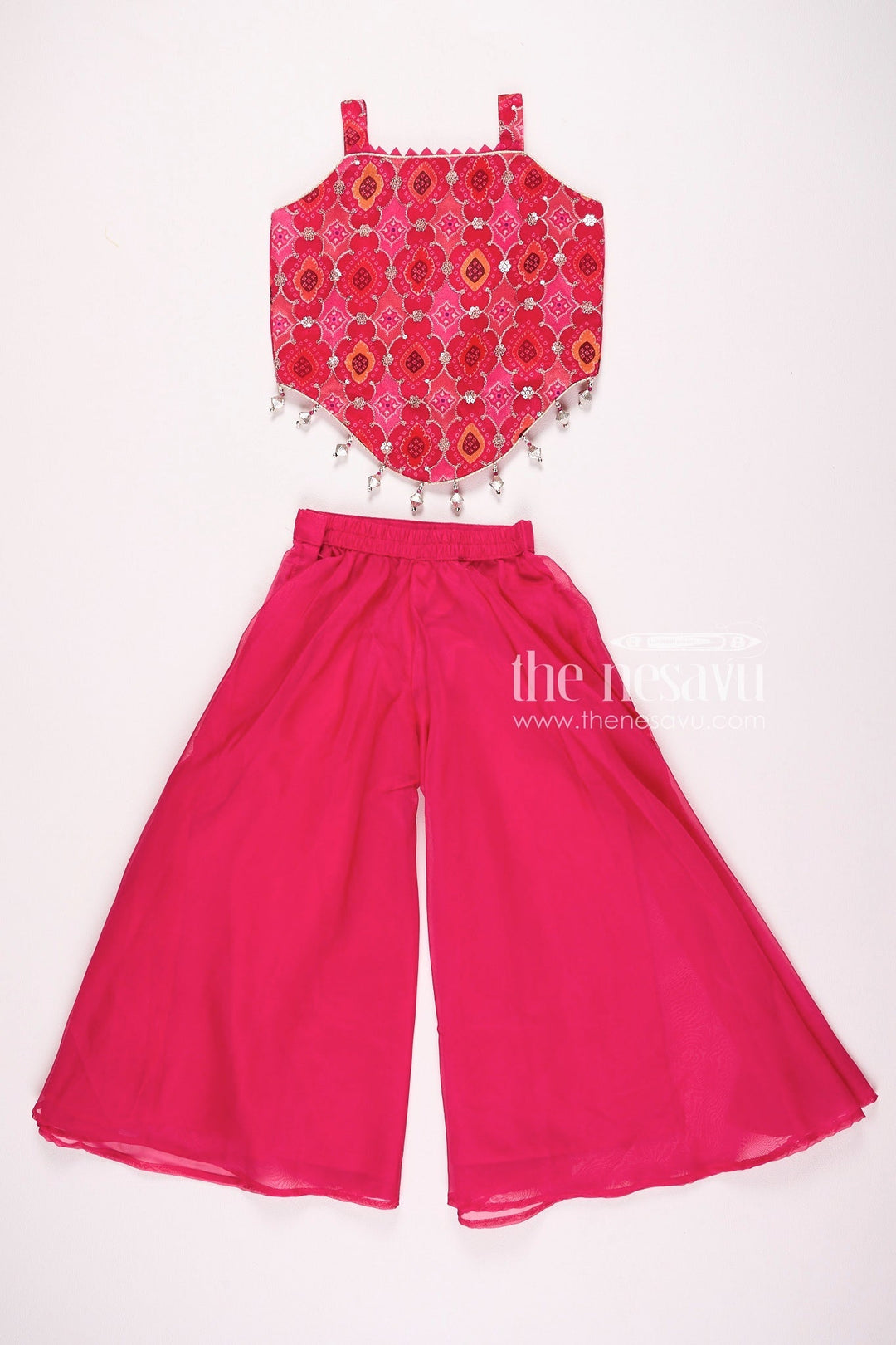 The Nesavu Girls Sharara / Plazo Set Nesavu Pure Georgette Crop Top with Plazo Set for Girls Navratri and Diwali Special Nesavu 22 (4Y) / Pink GPS321A-22 Nesavu Pure Georgette Crop Top with Plazo Set for Girls | Navratri and Diwali Special