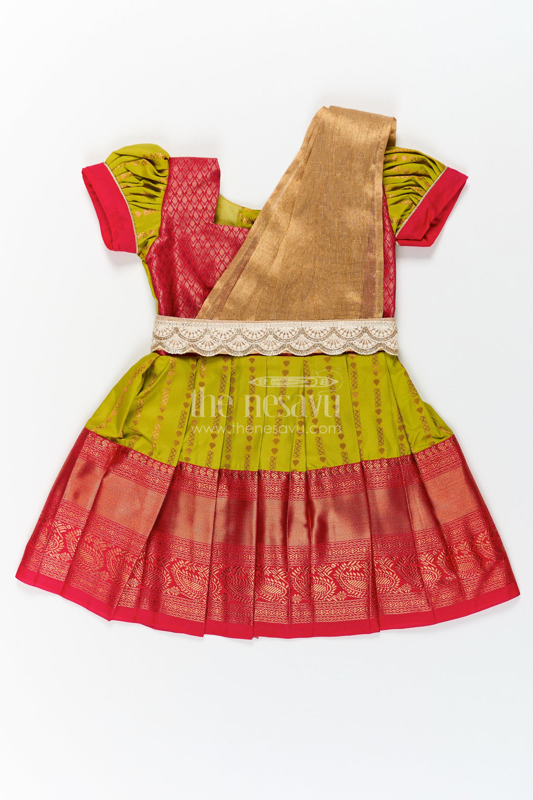 The Nesavu Girls Kanchi Silk Frock New Born Baby Frock in Semi Kanchivaram Silk with Thread Embroidery and Lace Embellished Dupatta Nesavu 14 (6M) / Green / Style 1 SF830AA-14 Nesavu New Born Baby Frock in Semi Kanchivaram Silk with Embroidery and Golden Lace Dupatta