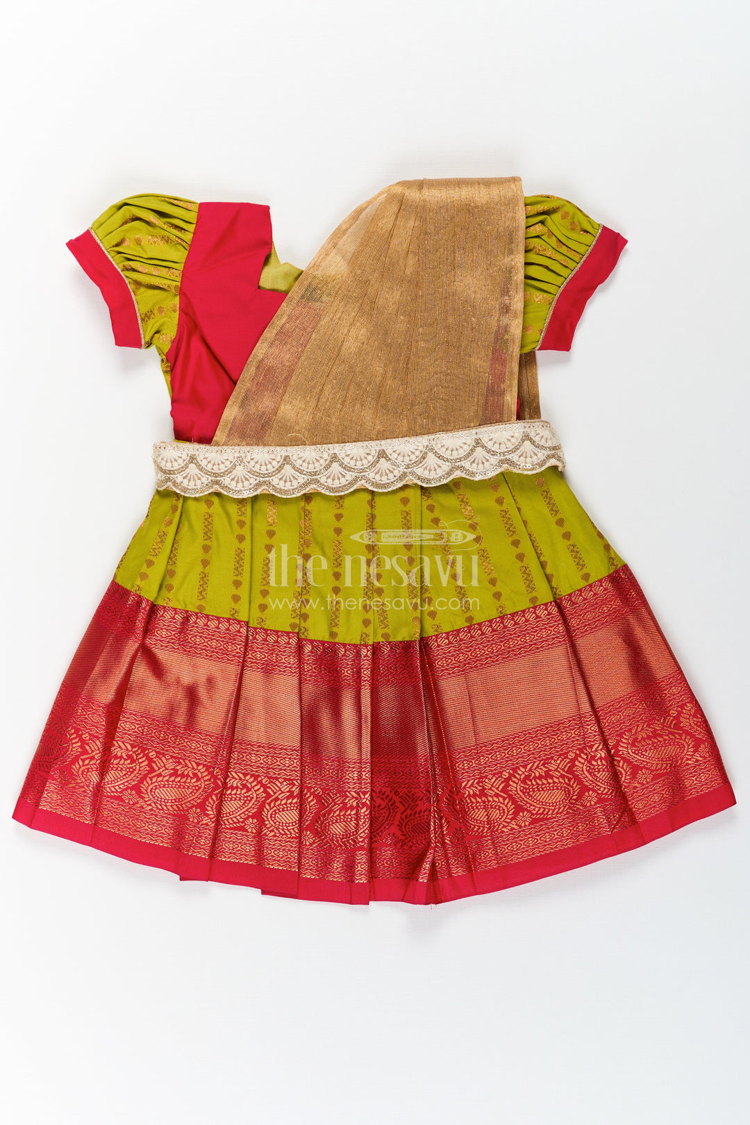The Nesavu Girls Kanchi Silk Frock New Born Baby Frock in Semi Kanchivaram Silk with Thread Embroidery and Lace Embellished Dupatta Nesavu 14 (6M) / Green / Style 3 SF830AC-14 Nesavu New Born Baby Frock in Semi Kanchivaram Silk with Embroidery and Golden Lace Dupatta