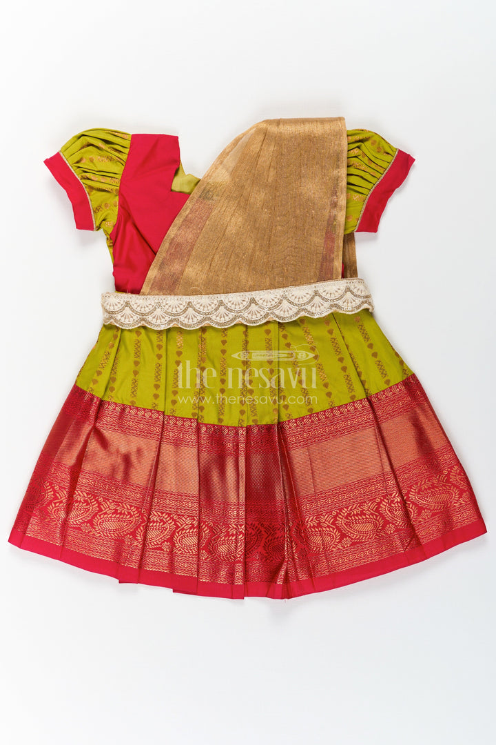 The Nesavu Girls Kanchi Silk Frock New Born Baby Frock in Semi Kanchivaram Silk with Thread Embroidery and Lace Embellished Dupatta Nesavu 14 (6M) / Green / Style 3 SF830AC-14 Nesavu New Born Baby Frock in Semi Kanchivaram Silk with Embroidery and Golden Lace Dupatta