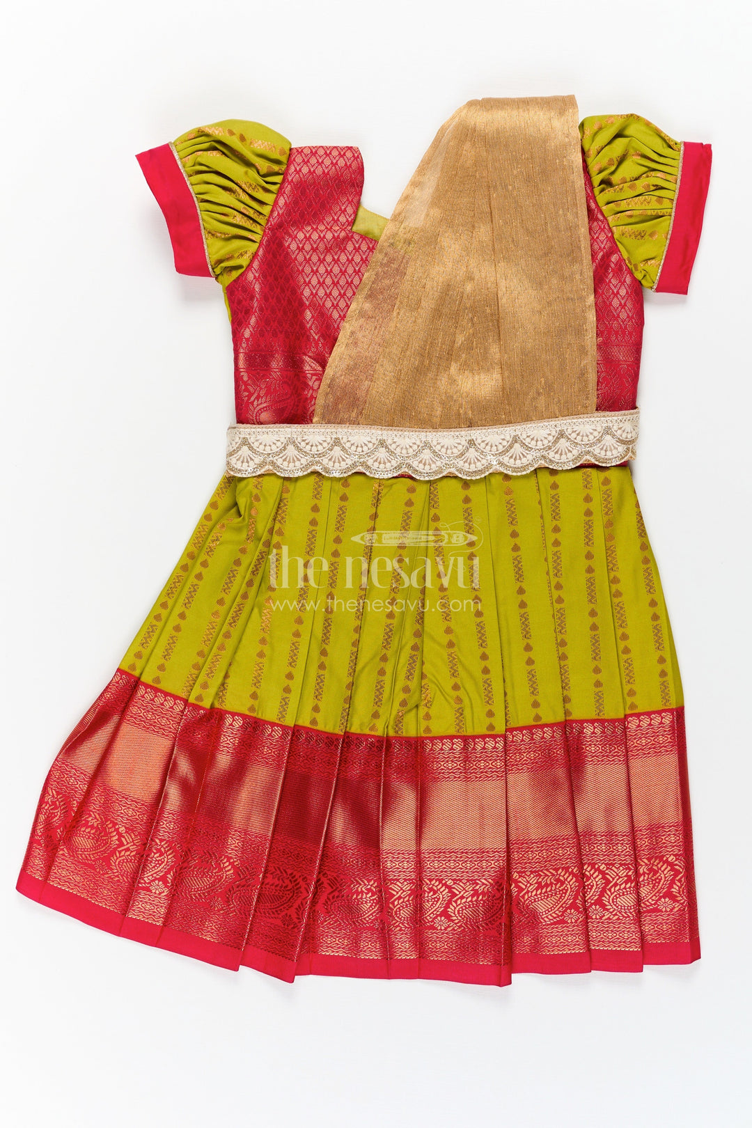 The Nesavu Girls Kanchi Silk Frock New Born Baby Frock in Semi Kanchivaram Silk with Thread Embroidery and Lace Embellished Dupatta Nesavu 20 (3Y) / Green / Style 2 SF830AB-20 New Born Baby Frock in Semi Kanchivaram Silk with Embroidery and Golden Lace Dupatta | The Nesavu