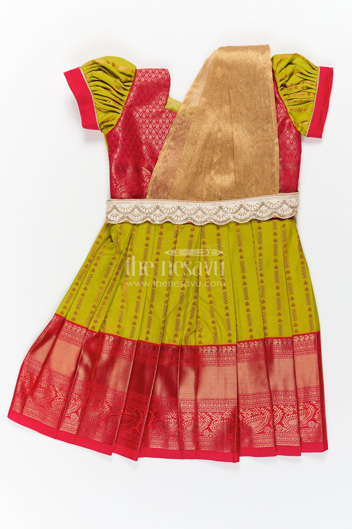 The Nesavu Girls Kanchi Silk Frock New Born Baby Frock in Semi Kanchivaram Silk with Thread Embroidery and Lace Embellished Dupatta Nesavu 20 (3Y) / Green / Style 2 SF830AB-20 New Born Baby Frock in Semi Kanchivaram Silk with Embroidery and Golden Lace Dupatta | The Nesavu