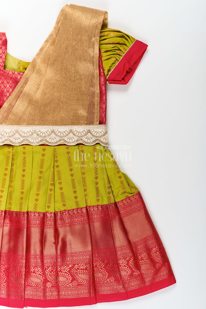 The Nesavu Girls Kanchi Silk Frock New Born Baby Frock in Semi Kanchivaram Silk with Thread Embroidery and Lace Embellished Dupatta Nesavu Nesavu New Born Baby Frock in Semi Kanchivaram Silk with Embroidery and Golden Lace Dupatta