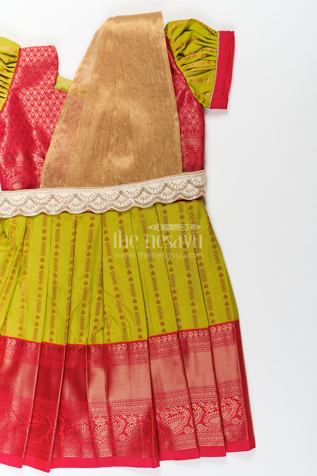 The Nesavu Girls Kanchi Silk Frock New Born Baby Frock in Semi Kanchivaram Silk with Thread Embroidery and Lace Embellished Dupatta Nesavu Nesavu New Born Baby Frock in Semi Kanchivaram Silk with Embroidery and Golden Lace Dupatta