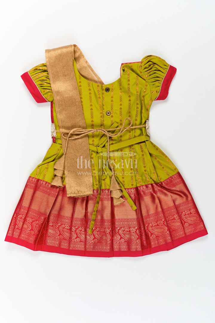The Nesavu Girls Kanchi Silk Frock New Born Baby Frock in Semi Kanchivaram Silk with Thread Embroidery and Lace Embellished Dupatta Nesavu New Born Baby Frock in Semi Kanchivaram Silk with Embroidery and Golden Lace Dupatta | The Nesavu