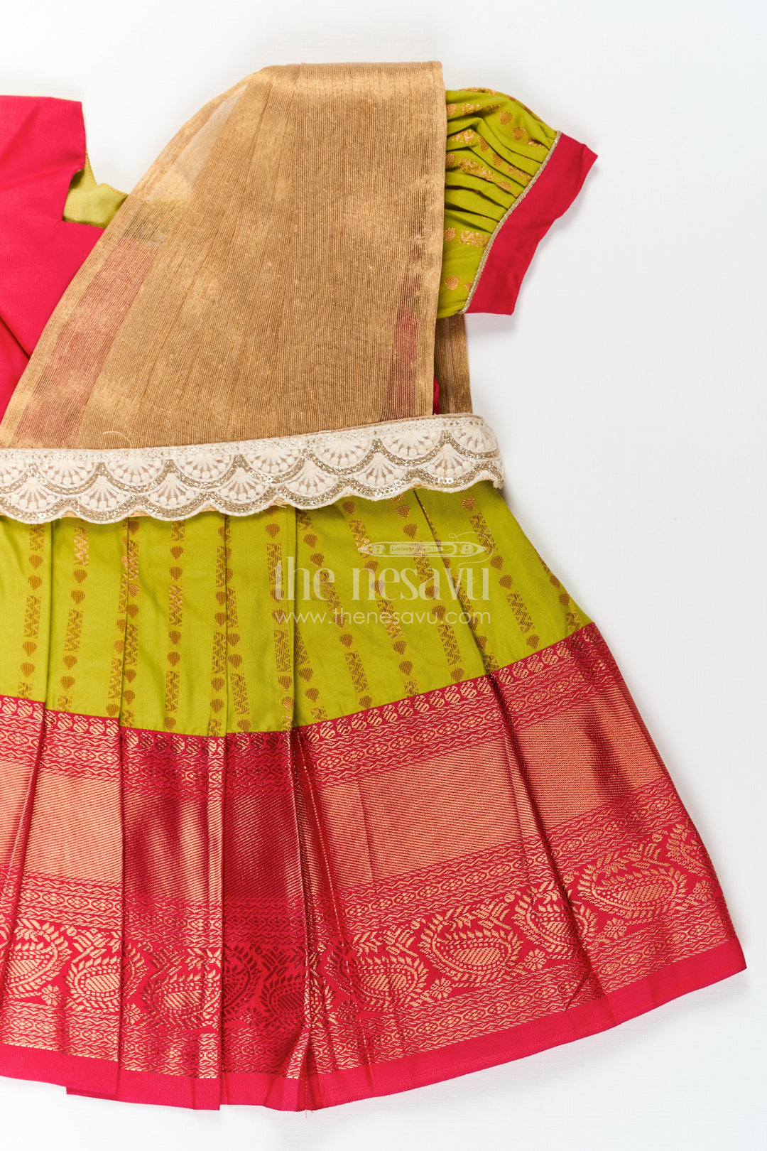 The Nesavu Girls Kanchi Silk Frock New Born Baby Frock in Semi Kanchivaram Silk with Thread Embroidery and Lace Embellished Dupatta Nesavu New Born Baby Frock in Semi Kanchivaram Silk with Embroidery and Golden Lace Dupatta | The Nesavu