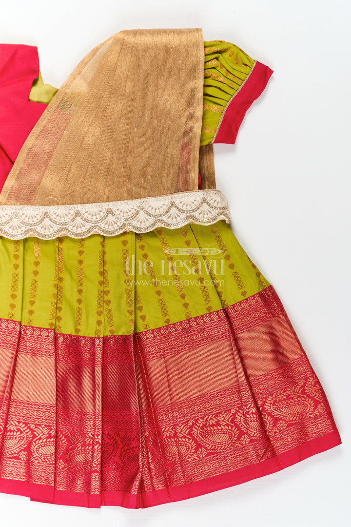The Nesavu Girls Kanchi Silk Frock New Born Baby Frock in Semi Kanchivaram Silk with Thread Embroidery and Lace Embellished Dupatta Nesavu New Born Baby Frock in Semi Kanchivaram Silk with Embroidery and Golden Lace Dupatta | The Nesavu