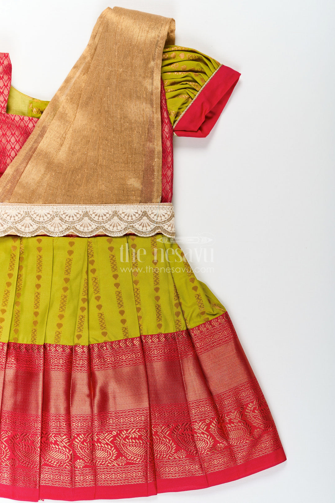 The Nesavu Girls Kanchi Silk Frock New Born Baby Frock in Semi Kanchivaram Silk with Thread Embroidery and Lace Embellished Dupatta Nesavu New Born Baby Frock in Semi Kanchivaram Silk with Embroidery and Golden Lace Dupatta | The Nesavu