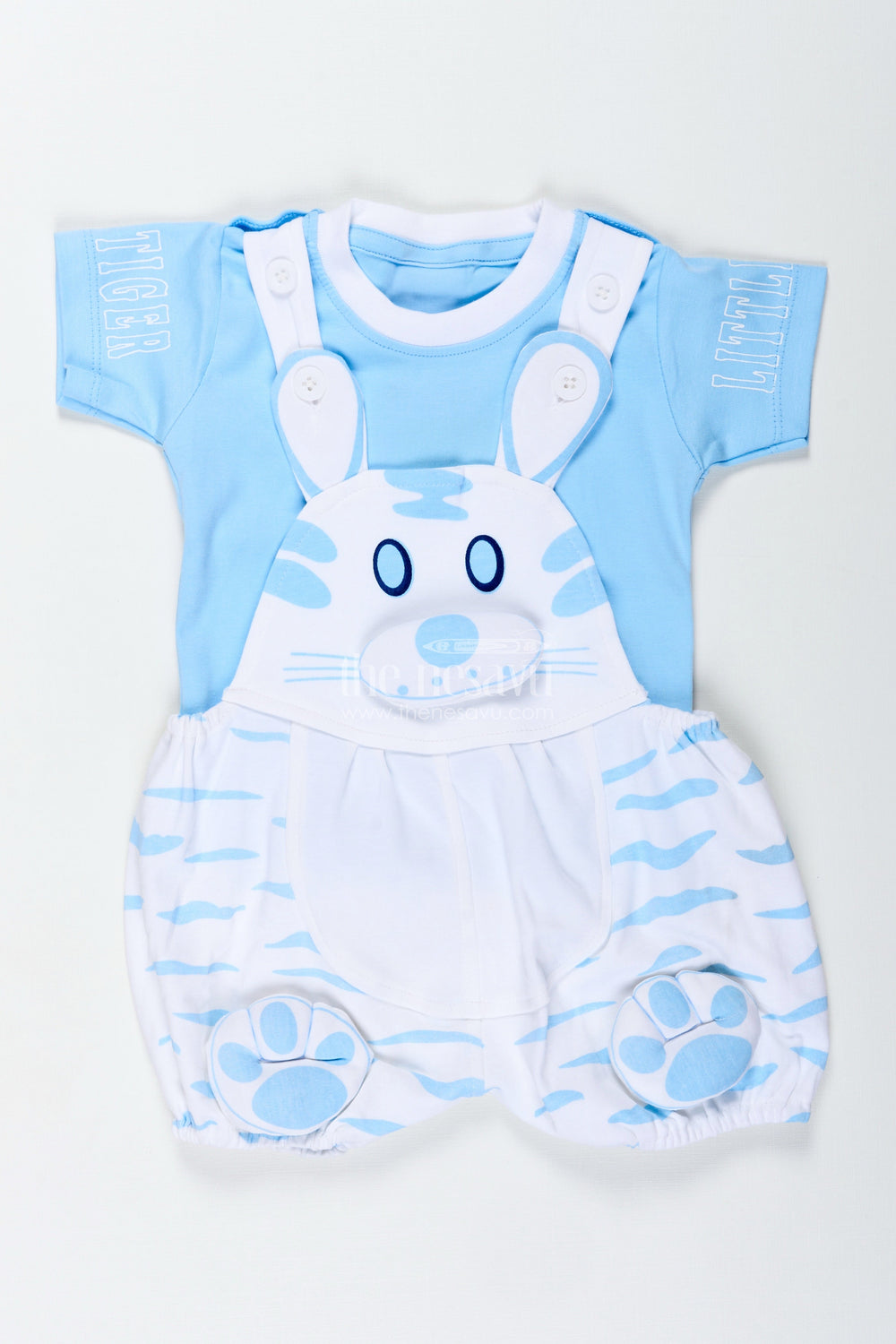 The Nesavu Boys Casual Set New Born Bunny Outfit for Boys in Cotton with Animal Digital Print and Light Blue Dungaree Set Nesavu Nesavu New Born Bunny Outfit Baby Boys Blue Cotton Dungaree Animal Print