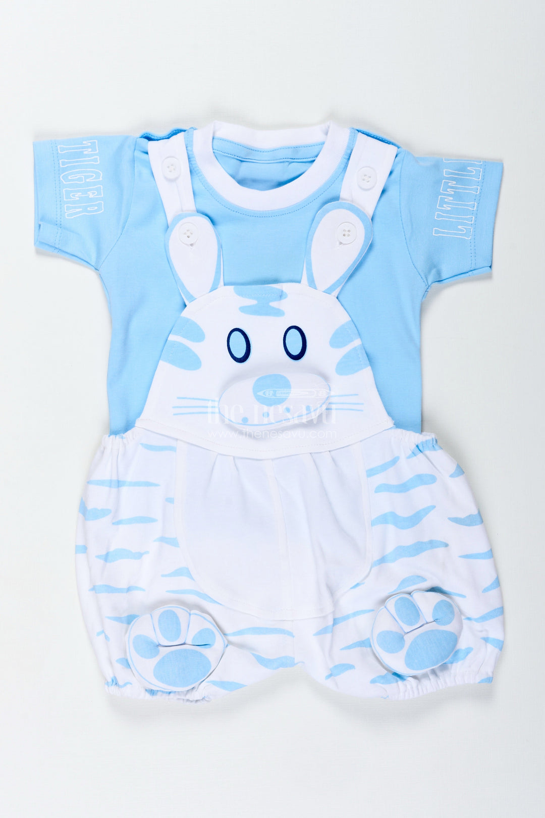 The Nesavu Boys Casual Set New Born Bunny Outfit for Boys in Cotton with Animal Digital Print and Light Blue Dungaree Set Nesavu Nesavu New Born Bunny Outfit Baby Boys Blue Cotton Dungaree Animal Print