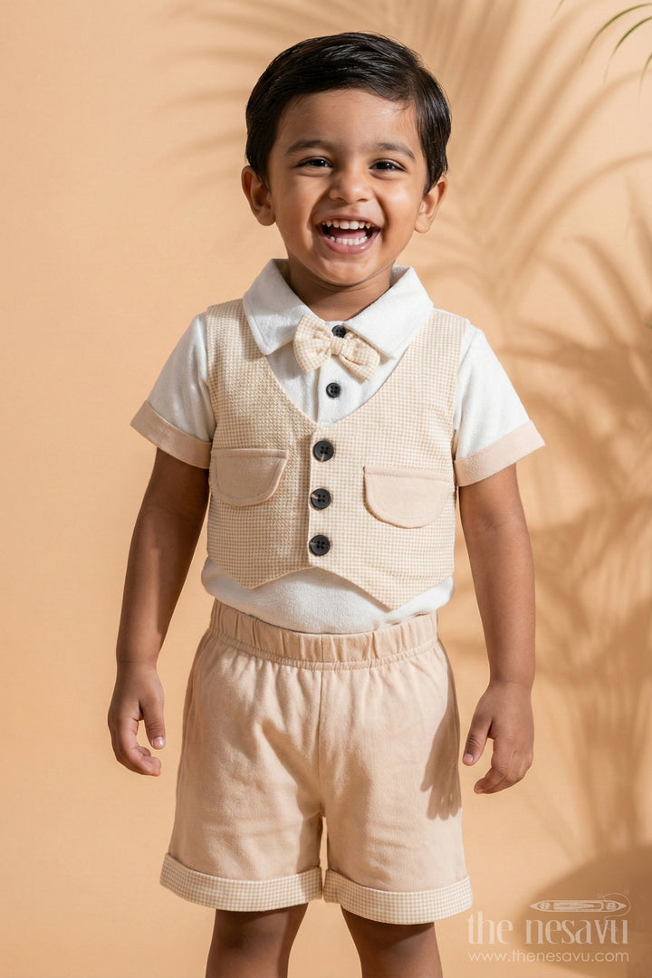 The Nesavu Baby Casual Sets New Born Clothes On Sale Cotton Two-Piece Beige Outfit with Bowtie and Shorts Nesavu 10 (NB) / Beige BCS183A-10 New Born Clothes Sale Cotton Two-Piece Outfit Bowtie Beige Shorts | The Nesavu
