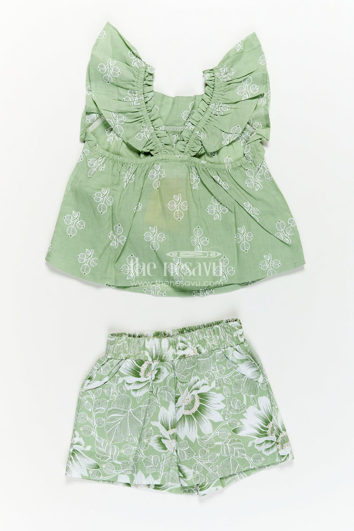 The Nesavu Baby Casual Sets New Born Outfit in Soft Cotton with Green Leaf Digital Print and Matching Ruffle-Sleeve Top and Shorts Nesavu 12 (3M) / Green BFJ797B-12 New Born Outfit Cotton Green Floral Printed Sleeveless Top Matching Shorts Set | The Nesavu