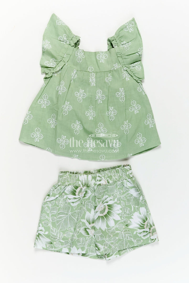 The Nesavu Baby Casual Sets New Born Outfit in Soft Cotton with Green Leaf Digital Print and Matching Ruffle-Sleeve Top and Shorts Nesavu New Born Outfit Cotton Green Floral Printed Sleeveless Top Matching Shorts Set | The Nesavu