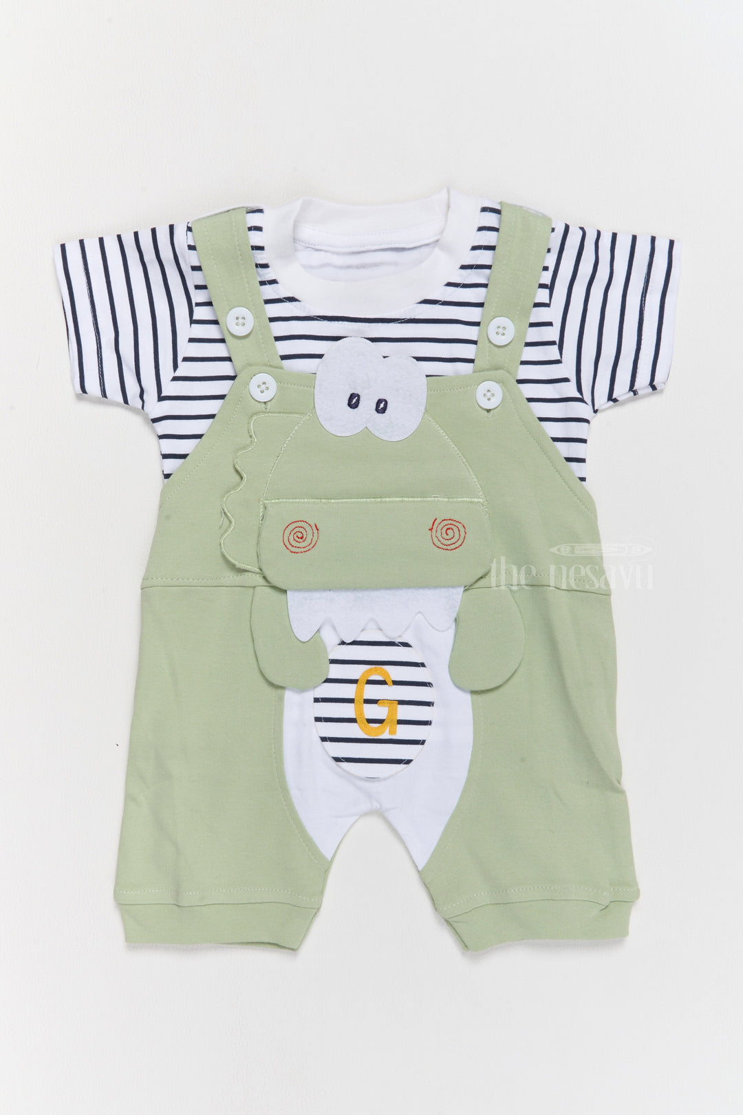 The Nesavu Baby Casual Sets New Born Outfits Green Cotton Dungaree Set with Striped T-Shirt and Dinosaur Applique Nesavu 14 (6M) / Green BCS182A-14 New Born Outfits Green Cotton Dungaree Set Dinosaur Applique | The Nesavu