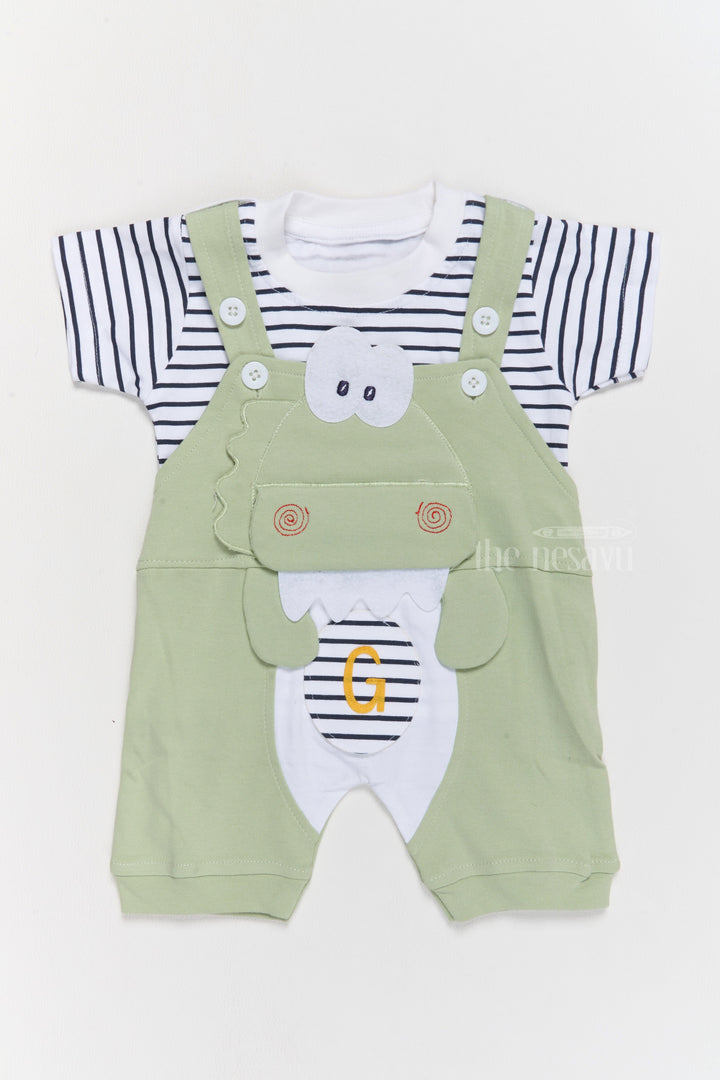 The Nesavu Baby Casual Sets New Born Outfits Green Cotton Dungaree Set with Striped T-Shirt and Dinosaur Applique Nesavu 14 (6M) / Green BCS182A-14 New Born Outfits Green Cotton Dungaree Set Dinosaur Applique | The Nesavu