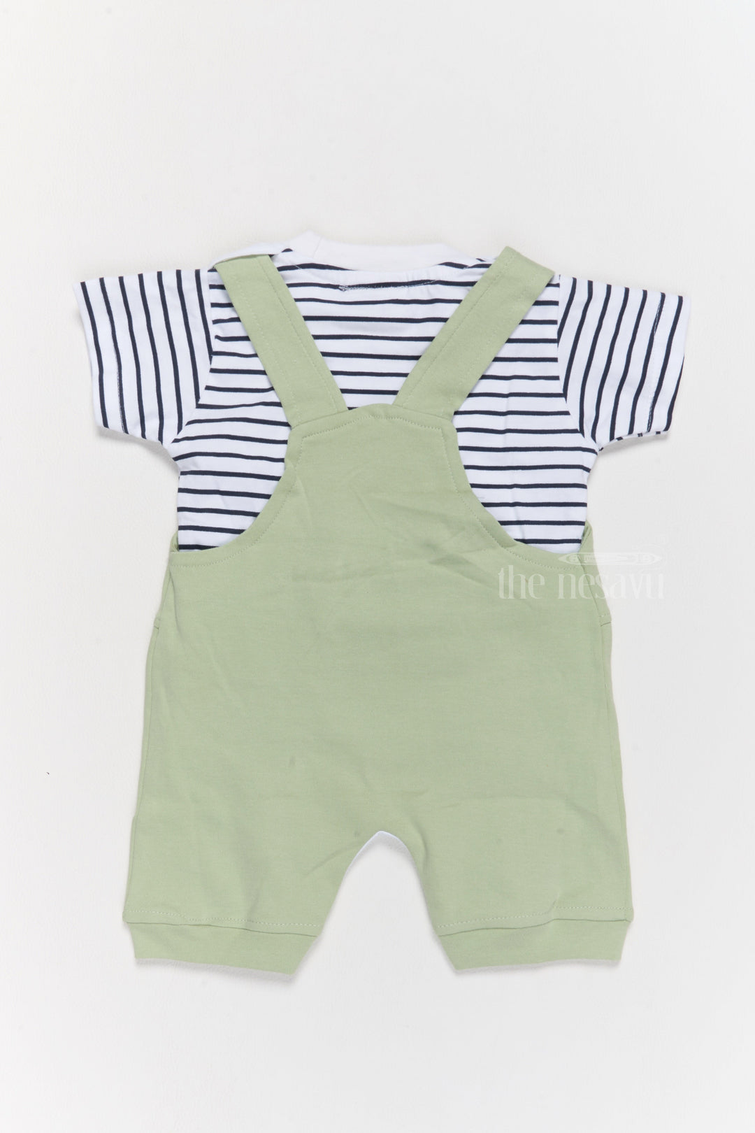 The Nesavu Baby Casual Sets New Born Outfits Green Cotton Dungaree Set with Striped T-Shirt and Dinosaur Applique Nesavu New Born Outfits Green Cotton Dungaree Set Dinosaur Applique | The Nesavu