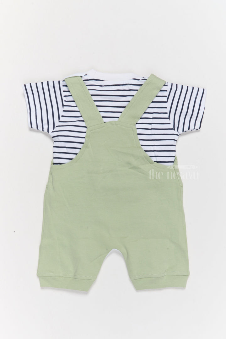 The Nesavu Baby Casual Sets New Born Outfits Green Cotton Dungaree Set with Striped T-Shirt and Dinosaur Applique Nesavu New Born Outfits Green Cotton Dungaree Set Dinosaur Applique | The Nesavu